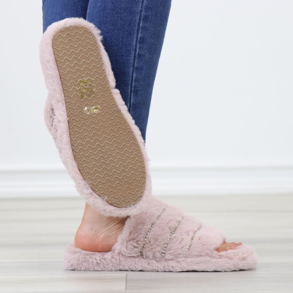 Pink Puff Fuzzy Fluffy Slip On Plush Slippers Diamond Accents - Picture 8 of 16